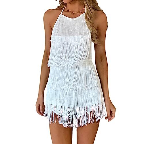 Fransen Bodycon Bodysuit Ärmellos Frauen Tunika Kurze Jumpsuits Slim Fit Overalls Playsuit Rundhals Clubwear Anzug Weiß XL von HEYDHSDC