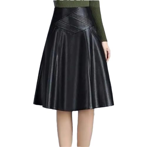HEYDHSDC Damen Leder Midi Rock A-Linie Große Größe über dem Knie Mittellang Hohe Taille Faltenrock Herbst Winter, Schwarz , 44 von HEYDHSDC