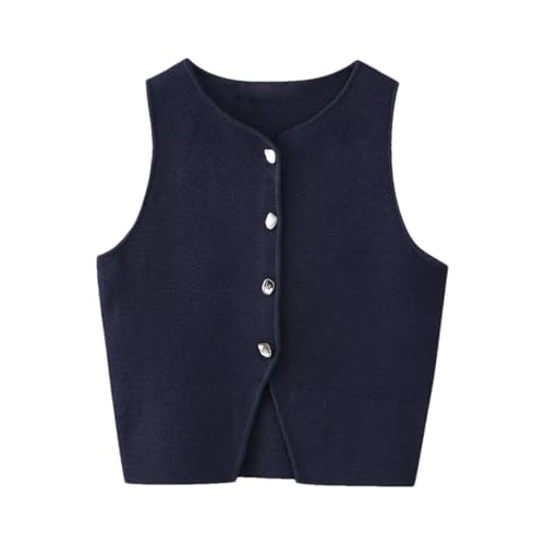HEYDHSDC Gestricktes Crop Top Damen Weste Cropped Weste vorne Knöpfe Ärmellose Westen, marineblau, M von HEYDHSDC