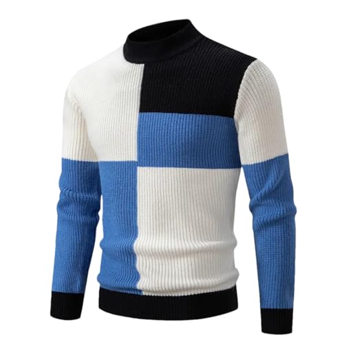 HEYDHSDC Herren-Pullover Mit Stehkragen, Patchwork-Strickpullover, Schmaler Pullover Für Herbst Und Winter White Blue L von HEYDHSDC