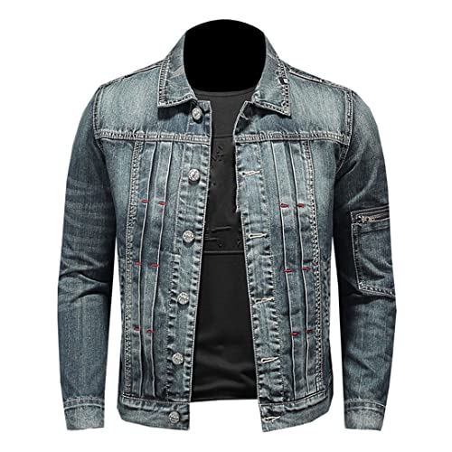 HEYDHSDC Herren Retro Jeans Jacke Motorrad Langarm Einreihiger Denim Mantel Slim Blue Cowboy Bomber Outwear, Schwarz , Medium von HEYDHSDC