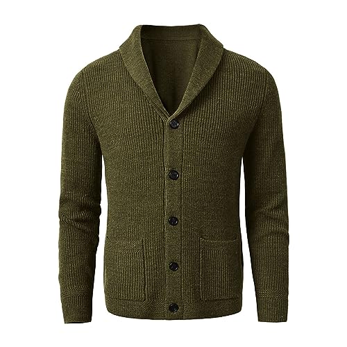 HEYDHSDC Herren-Strickjacke Mit Schalkragen, Schmale Passform, Zopfmuster, Knopfleiste, Schwarzer Merinowolle-Pullover Olive L von HEYDHSDC