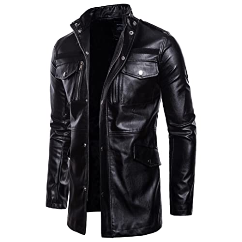 Herren Jacke Medium Lang Lederjacke Bordüre Kragen Vier Taschen Motorrad Lederjacke von HEYDHSDC