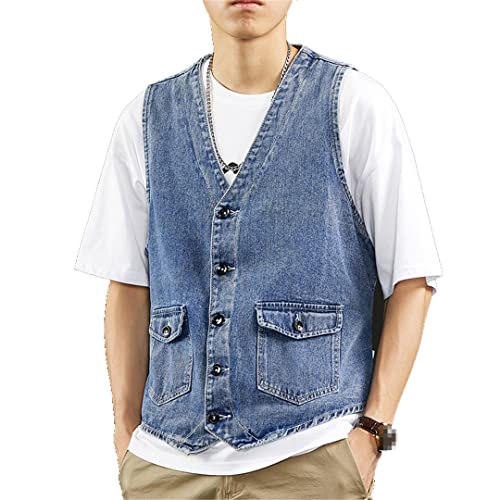 Herren Weste Vintage Denim Jeans Weste Herren Schwarz Ärmellose Jacken Herren Retro Werkzeug Jeans Westen Denim Blau M von HEYDHSDC