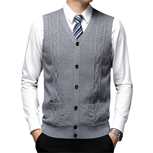 Herren Wolle Strickweste Ärmellose Pullover Jacke Knöpfe Down Taschen V Ausschnitt Basic Cardigan Herren Mode Weste Grau L (63-71kg) von HEYDHSDC