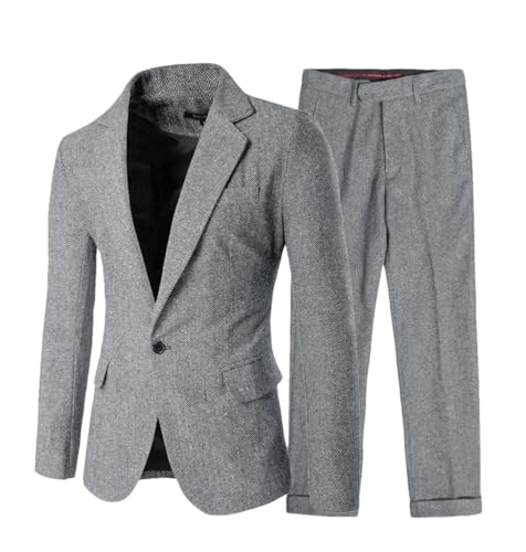 Herrenanzug mit Fischgrätenmuster, 2-teilig, schmale Passform, Wolltuch für Hochzeit (Blazer + Hose), Silbergrau9, Large von HEYDHSDC