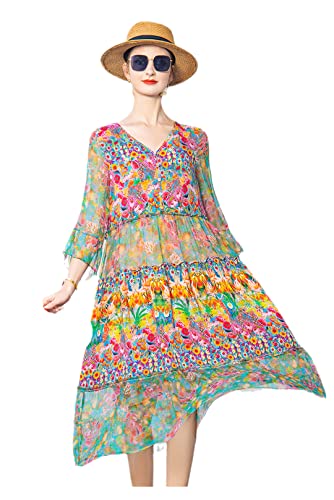 Rosa Floral Maulbeere Seide Strand Midi Kleider Frühling Sommer Lose Kleid Damen Bodycon Kleider von HEYDHSDC