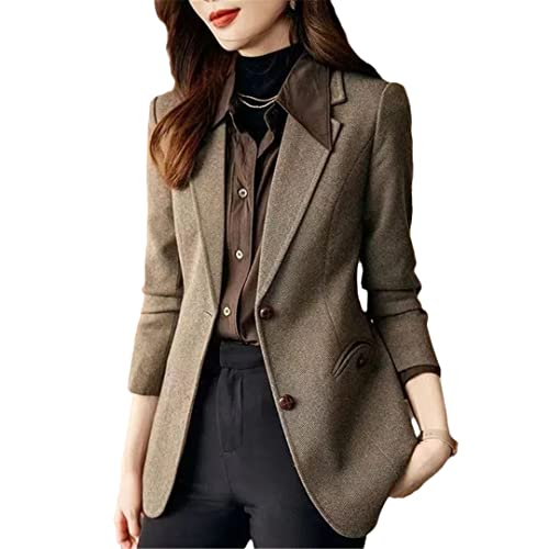 Wolle Blazer Damen Herbst Winter Slim Büro Damen Blazer Mantel Kurz Damen Klassisch Casual Outwear Tops Kaffee XXL von HEYDHSDC