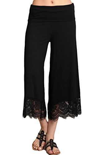 HEYHUN Damen Capri Boho Gaucho Hose mit Spitzendetail - Schwarz - Groß von HEYHUN