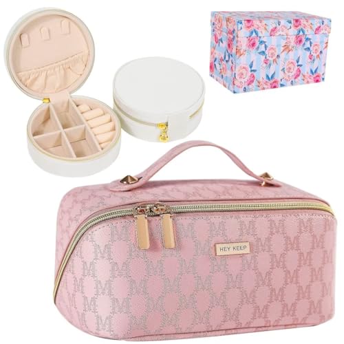 HEYKEEP Reise-Make-up-Tasche & Schmuckkoffer, Schmuck-Organizer-Box, große Kapazität, Kosmetiktaschen für Frauen, Geschenke, wasserdicht, tragbar, offen, flach, Make-up-Kulturbeutel, Pink/Weiß von HEYKEEP