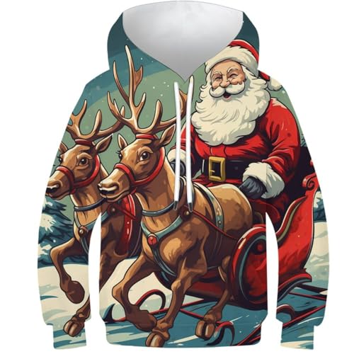 Christmas Santa Reindeer 3D Bedruckter Niedliches Cartoon Mantel Sweatshirt Langarm Pullover Mit Taschen Für Kinder Jungen- Und Mädchen 6-15 Jahre Geburtstag 9-11Y von HEYLInUP
