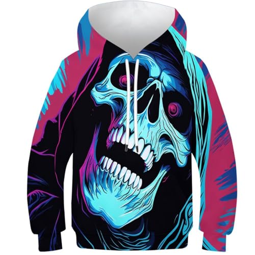 Skeleton Man 3D Bedruckter Niedliches Cartoon Horror Theme Kapuzenpullover Sweatshirts Langarm Pullover Mit Taschen Für Kinder Jungen- Und Mädchen 6-15 Jahre Geburtstag 12-14Y von HEYLInUP