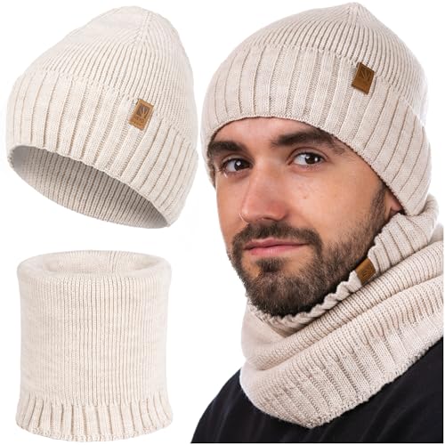 HEYO Beanie Herren Winter Set Mütze Warme Schlauchschal angenehme Strickmütze Wintermütze Weiche Übergangsmütze mit Bündchen Schal Rundschal Halswärmer 2er Set (Beige) von HEYO