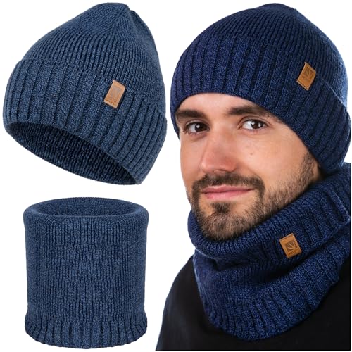 HEYO Beanie Herren Winter Set Mütze Warme Schlauchschal angenehme Strickmütze Wintermütze Weiche Übergangsmütze mit Bündchen Schal Rundschal Halswärmer 2er Set (Dunkelblau) von HEYO
