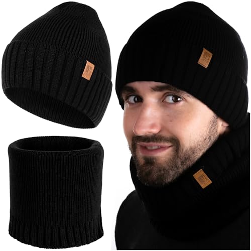 HEYO Beanie Herren Winter Set Mütze Warme Schlauchschal angenehme Strickmütze Wintermütze Weiche Übergangsmütze mit Bündchen Schal Rundschal Halswärmer 2er Set (Schwarz) von HEYO