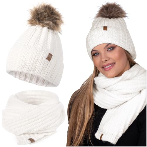 HEYO Damen 2er Set Schal Mütze Weiche Wintermütze mit Kunstfellbommel Leichte Bommelmütze Set mit Strickschal bequem Winterset für Damen großer Halswärmer (Ecru) von HEYO