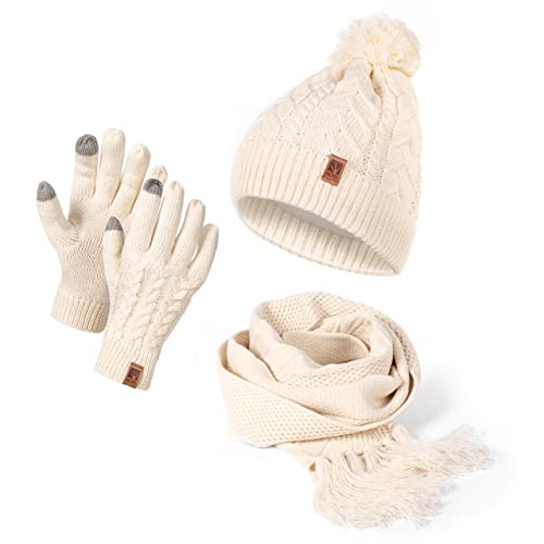 HEYO Damen Mütze Schal Winter Set | Gefütterte Strickmütze mit Bommel | Winterschal mit Fransen | Touchscreen Handschuhe (Beige) von HEYO