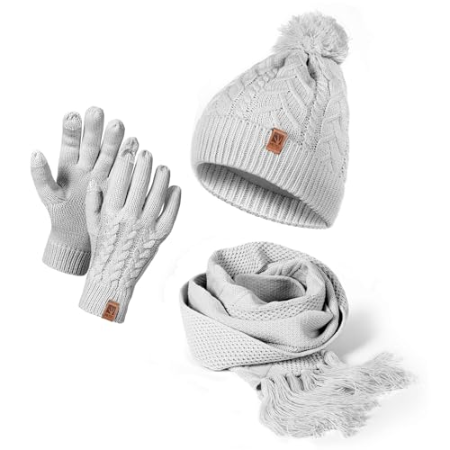 HEYO Damen Mütze Schal Winter Set | Gefütterte Strickmütze mit Bommel | Winterschal mit Fransen | Touchscreen Handschuhe (Grau) von HEYO