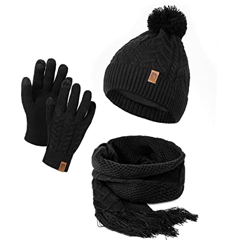 HEYO Damen Mütze Schal Winter Set | Gefütterte Strickmütze mit Bommel | Winterschal mit Fransen | Touchscreen Handschuhe (Schwarz) von HEYO