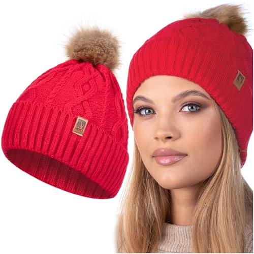 HEYO Damen Mütze Weiche Wintermütze mit Kunstfellbommel Leichte Bommelmütze Beanie Strickmütze gefüttert Mädels (Rot) von HEYO