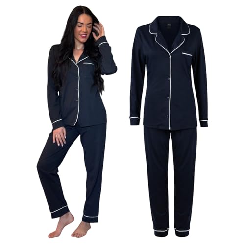HEYO Damen Schlafanzug Lang 100% Baumwolle Zweiteiliger Pyjama Set Langarm Shirt mit Knopfleiste Lange Pyjamahose Weich Atmungsaktiv (DE/NL/SE/PL, Alphanumerisch, M, Regular, Regular, Blau) von HEYO
