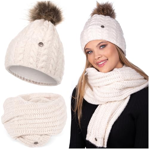 HEYO Damen Set Mütze Weiche Wintermütze mit Kunststoffbommel Leicht Winterschal Schal Halswärmer Bommelmütze Beanie Strickmütze gefüttert Winterset Damenschal (Ecru) von HEYO