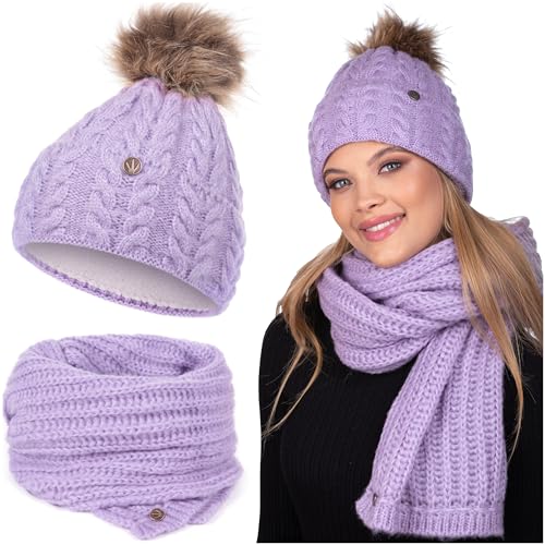 HEYO Damen Set Mütze Weiche Wintermütze mit Kunststoffbommel Leicht Winterschal Schal Halswärmer Bommelmütze Beanie Strickmütze gefüttert Winterset Damenschal (Lila) von HEYO