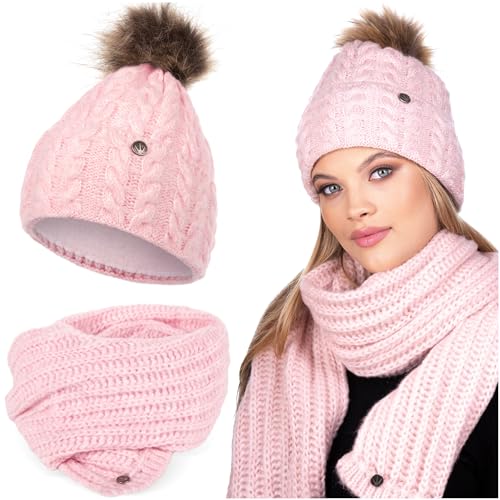 HEYO Damen Set Mütze Weiche Wintermütze mit Kunststoffbommel Leicht Winterschal Schal Halswärmer Bommelmütze Beanie Strickmütze gefüttert Winterset Damenschal (Rosa) von HEYO