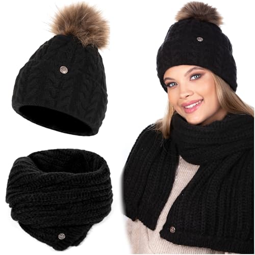 HEYO Damen Set Mütze Weiche Wintermütze mit Kunststoffbommel Leicht Winterschal Schal Halswärmer Bommelmütze Beanie Strickmütze gefüttert Winterset Damenschal (Schwarz) von HEYO