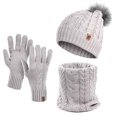 HEYO Damen Wintermütze Schlauchschal Handschuhe 3 teiliges Set | Warme Winter Mütze Schal Winterhandschuhe Beanie gefüttert HZ0004 (Grau) von HEYO