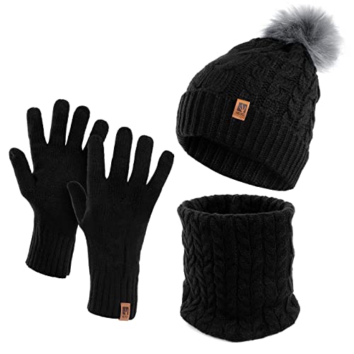 HEYO Damen Wintermütze Schlauchschal Handschuhe 3 teiliges Set | Warme Winter Mütze Schal Winterhandschuhe Beanie gefüttert HZ0004 (Schwarz) von HEYO