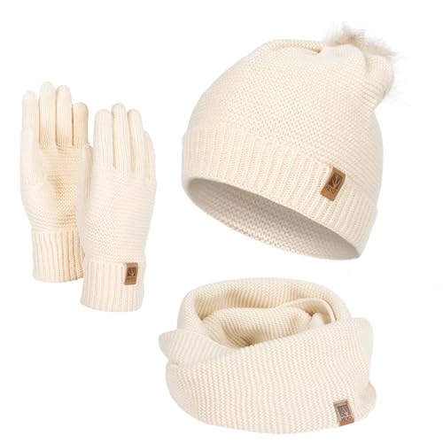 HEYO Damen Wintermütze Schlauchschal Handschuhe Set Winter Gestrickte Warme Mütze mit Schal und Winterhandschuhen | HZ0003 (Beige) von HEYO