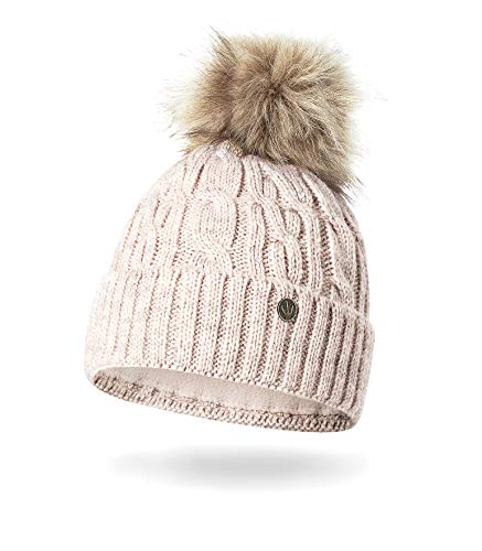 HEYO Damen Wintermütze mit Fleece Innenband H18527 | Slouch Beanie Winter Mütze | Warme Strickmütze mit Bommel | Bommelmütze (Beige) von HEYO