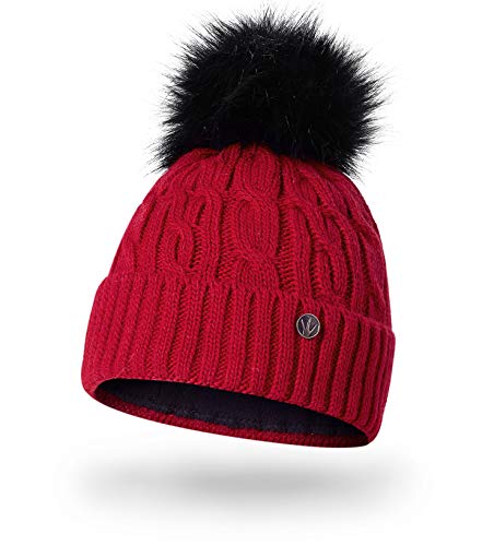 HEYO Damen Wintermütze mit Fleece Innenband H18527 | Slouch Beanie Winter Mütze | Warme Strickmütze mit Bommel | Bommelmütze (Rot) von HEYO
