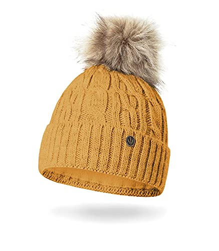 HEYO Damen Wintermütze mit Fleece Innenband H18527 | Slouch Beanie Winter Mütze | Warme Strickmütze mit Bommel | Bommelmütze (Senfgelb) von HEYO