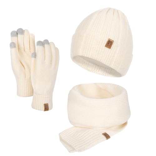 HEYO Damen Winterset gestrickte Mütze Schal weiche Handschuhe warmes Set für Damen Gefütterte Wintermütze mit Großer Winterschal Damenschal (Beige) von HEYO