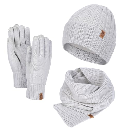 HEYO Damen Winterset gestrickte Mütze Schal weiche Handschuhe warmes Set für Damen Gefütterte Wintermütze mit Großer Winterschal Damenschal (Grau) von HEYO