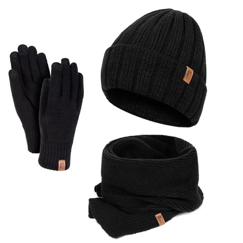 HEYO Damen Winterset gestrickte Mütze Schal weiche Handschuhe warmes Set für Damen Gefütterte Wintermütze mit Großer Winterschal Damenschal (Schwarz) von HEYO