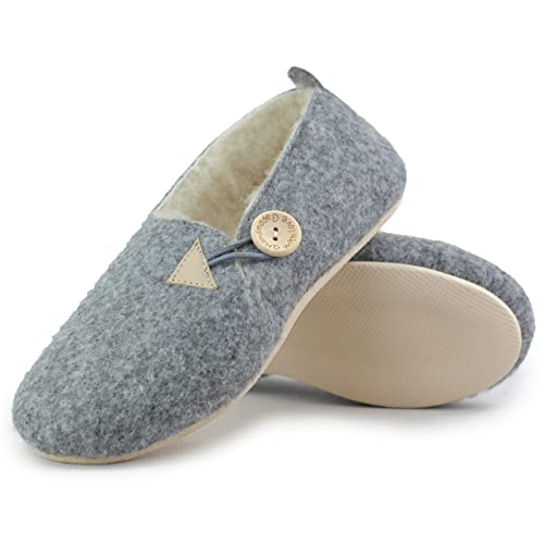 HEYO Filzpantoffeln Damen Hausschuhe Gefüttert Wolle Pantoletten Warme Winter Pantoffeln (Grau mit Knopf, eu_footwear_size_system, adult, numeric, medium, numeric_36) von HEYO