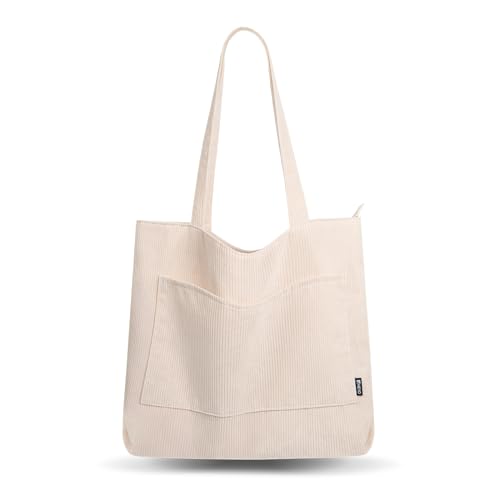HEYO Handtasche Groß aus Cord Shopper Tasche Tote Bag Stofftasche mit Reißverschluss Stylische Schultertasche (Beige) von HEYO