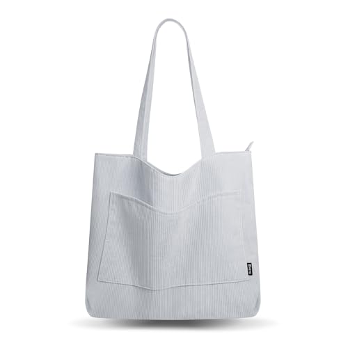 HEYO Handtasche Groß aus Cord Shopper Tasche Tote Bag Stofftasche mit Reißverschluss Stylische Schultertasche (Grau) von HEYO