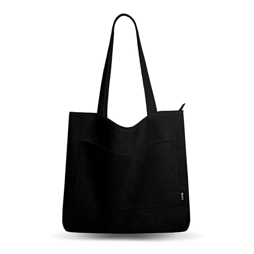 HEYO Handtasche Groß aus Cord Shopper Tasche Tote Bag Stofftasche mit Reißverschluss Stylische Schultertasche (Schwarz) von HEYO