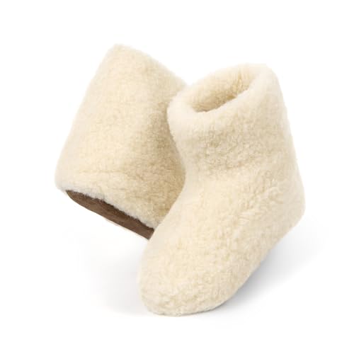 HEYO Hausschuhe Damen Herren Warme Wollhausschuhe Halbhoch | Hüttenschuhe aus 100% Wolle | Bequem und Atmungsaktiv | Boots für Winter (Beige, EU Schuhgrößensystem, Erwachsene, Numerisch, M, 45) von HEYO