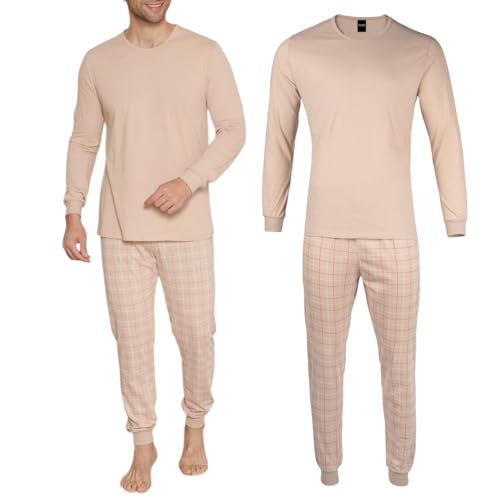 HEYO Herren Schlafanzug aus Baumwolle Pyjama Lang mit Bündchen Zweiteiliger Set | Langarm Shirt mit Langer Hose | Kariert (DE/NL/SE/PL, Alphanumerisch, L, Regular, Regular, Beige) von HEYO