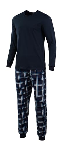 HEYO Herren Schlafanzug aus Baumwolle Pyjama Lang mit Bündchen Zweiteiliger Set | Langarm Shirt mit Langer Hose | Kariert (DE/NL/SE/PL, Alphanumerisch, XXL, Regular, Regular, Dunkelblau) von HEYO