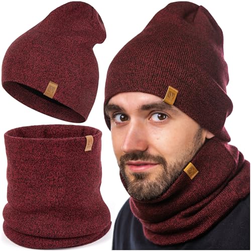 HEYO Herren Übergangsset Slouch Beanie Mütze Warme Strickmütze mellierter Schlauchschal Rundschal Weiche Übergangsmütze Herbst Loopschal Halswärmer 2er Set (Rot) von HEYO