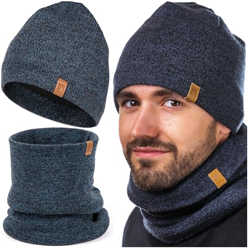HEYO Herren Winterset Mütze Warme Strickmütze melliert Schlauchschal Rundschal Weiche Wintermütze Mit Thermo Fleece Gefüttert Loopschal Halswärmer 2er Set (Dunkelblau) von HEYO