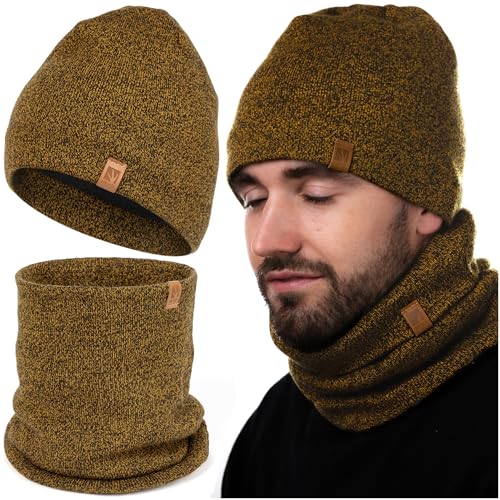 HEYO Herren Winterset Mütze Warme Strickmütze melliert Schlauchschal Rundschal Weiche Wintermütze Mit Thermo Fleece Gefüttert Loopschal Halswärmer 2er Set (Gelb) von HEYO