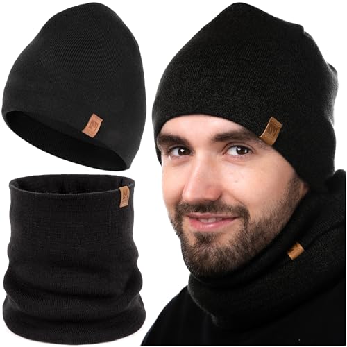 HEYO Herren Winterset Mütze Warme Strickmütze melliert Schlauchschal Rundschal Weiche Wintermütze Mit Thermo Fleece Gefüttert Loopschal Halswärmer 2er Set (Schwarz) von HEYO
