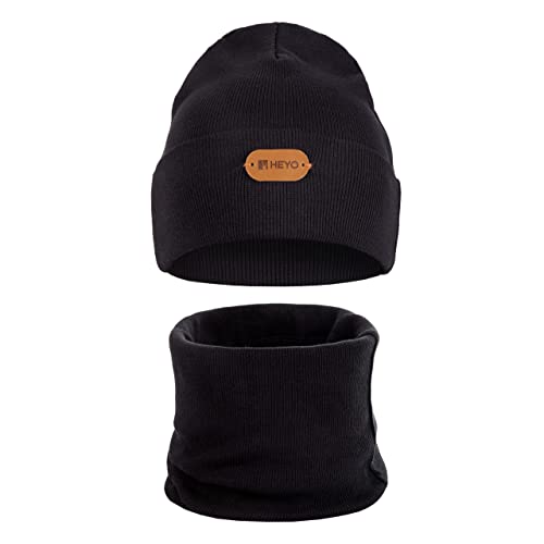 HEYO Kinder Beanie Mütze Loop Schal Set Frühling Mütze Schlauchschal Baumwolle Oeko-Tex (Schwarz) von HEYO